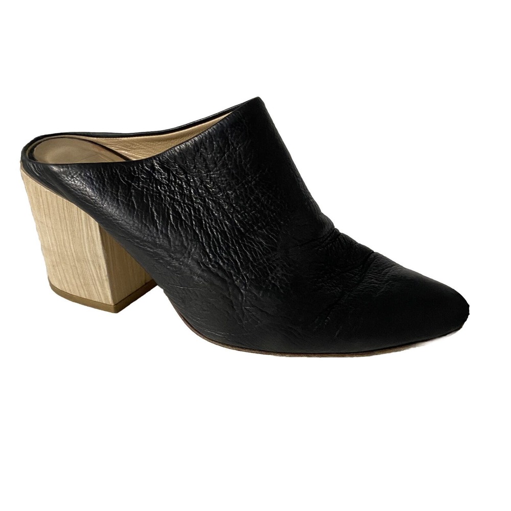 The Shoe Box Black Slip On Leather Almond Toe Mule Block 3" Heel Pump 38